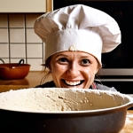 **Prompt:** A humorous close-up shot of someone wearing a chef's hat, slightly askew, with flour smudged on their face and a wide, surprised grin. Scattered around are obviously failed attempts at cooking – burnt saucepans, oddly shaped vegetables. The overall feeling is fun and experimental, not professional. The background is a cozy, slightly messy Swedish kitchen. Add some "hygge" lighting.