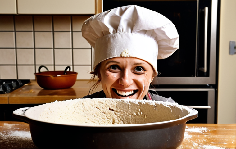 **Prompt:** A humorous close-up shot of someone wearing a chef's hat, slightly askew, with flour smudged on their face and a wide, surprised grin. Scattered around are obviously failed attempts at cooking – burnt saucepans, oddly shaped vegetables. The overall feeling is fun and experimental, not professional. The background is a cozy, slightly messy Swedish kitchen. Add some "hygge" lighting.